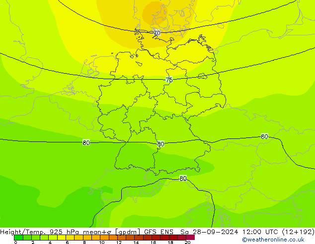 Height/Temp. 925 hPa GFS ENS  28.09.2024 12 UTC