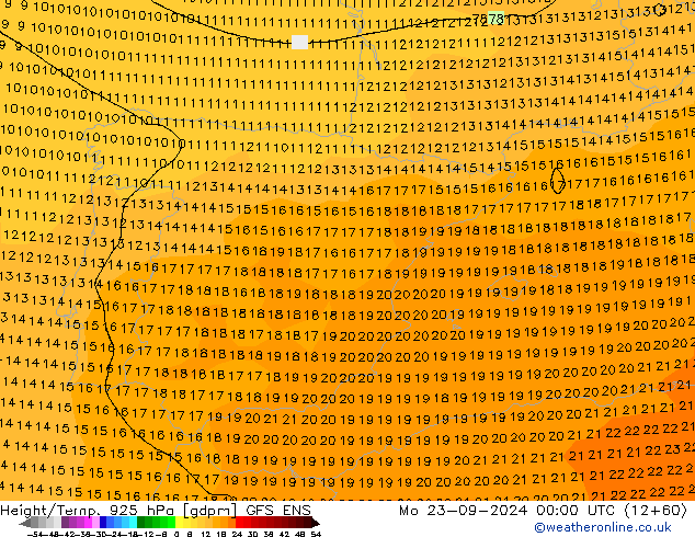 Height/Temp. 925 hPa GFS ENS Mo 23.09.2024 00 UTC