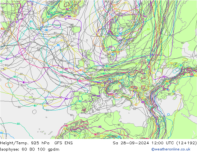 Height/Temp. 925 hPa GFS ENS Sa 28.09.2024 12 UTC