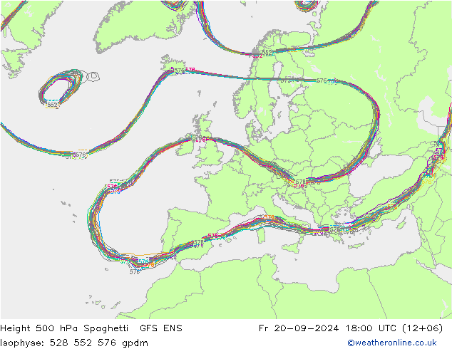 Height 500 hPa Spaghetti GFS ENS ven 20.09.2024 18 UTC