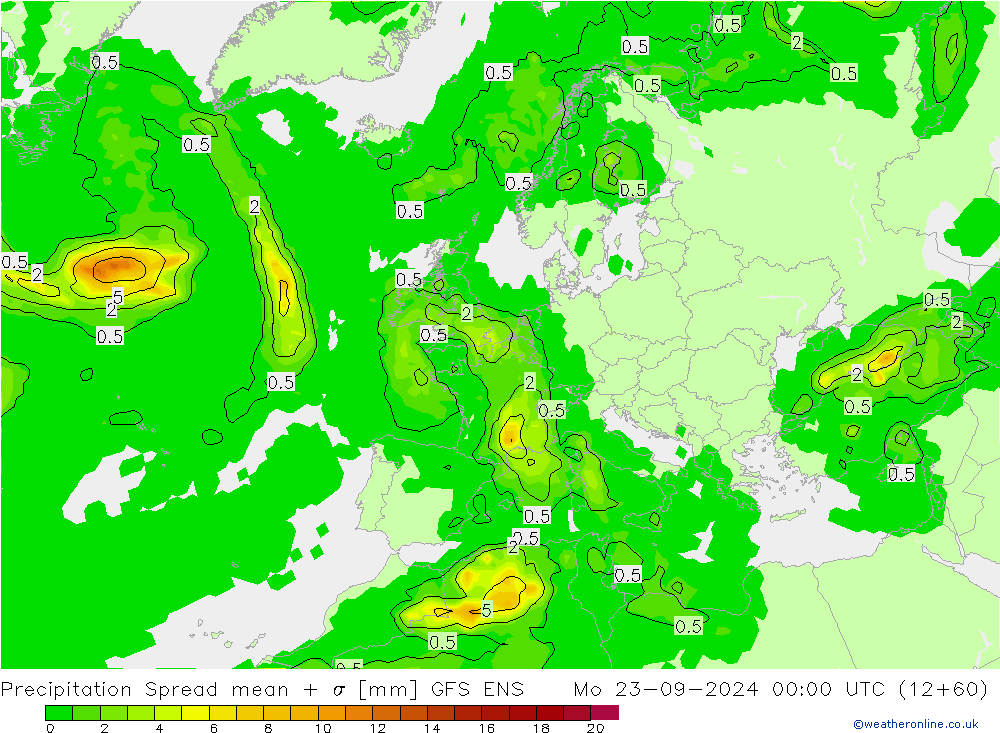 Niederschlag  Spread GFS ENS Mo 23.09.2024 00 UTC