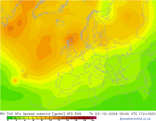 RH 700 hPa Spread GFS ENS Čt 03.10.2024 00 UTC