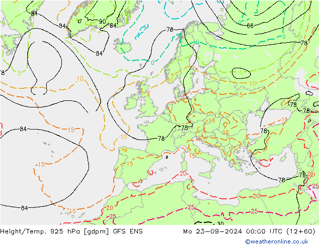 Height/Temp. 925 hPa GFS ENS Mo 23.09.2024 00 UTC