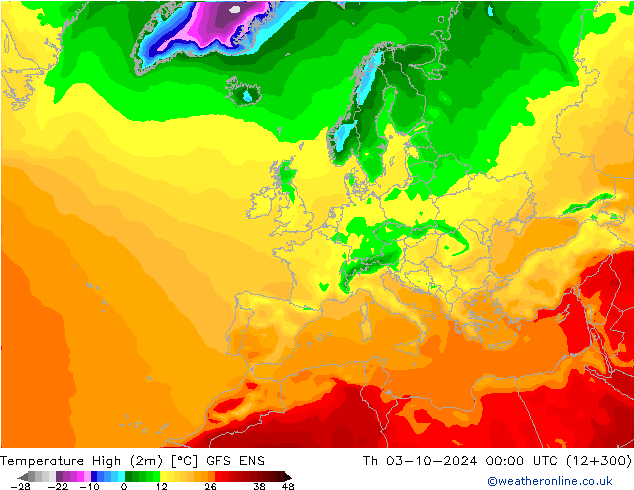 Nejvyšší teplota (2m) GFS ENS Čt 03.10.2024 00 UTC