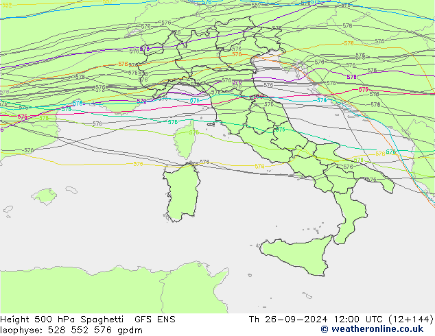 Height 500 гПа Spaghetti GFS ENS чт 26.09.2024 12 UTC