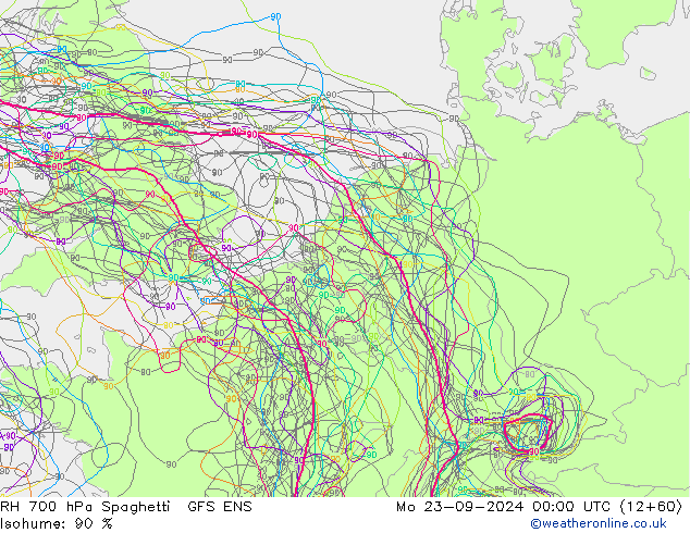 RH 700 hPa Spaghetti GFS ENS Mo 23.09.2024 00 UTC