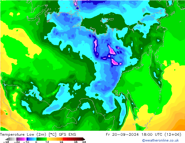 temperatura mín. (2m) GFS ENS Sex 20.09.2024 18 UTC