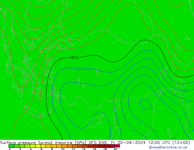 Luchtdruk op zeeniveau Spread GFS ENS vr 20.09.2024 12 UTC