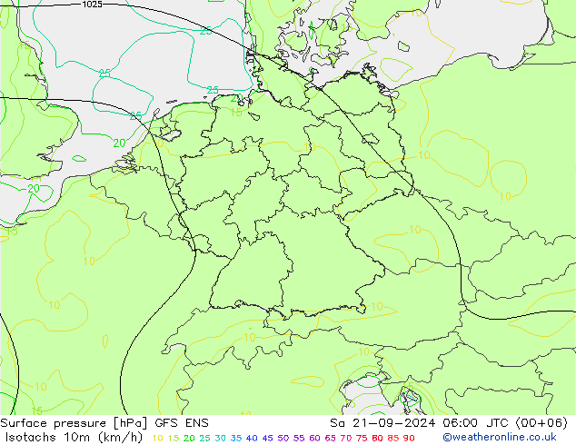 10米等风速线 (kph) GFS ENS 星期六 21.09.2024 06 UTC