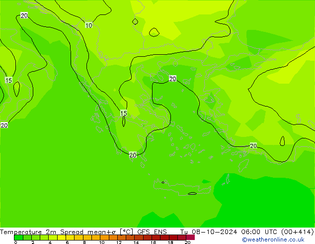 Temperature 2m Spread GFS ENS Út 08.10.2024 06 UTC