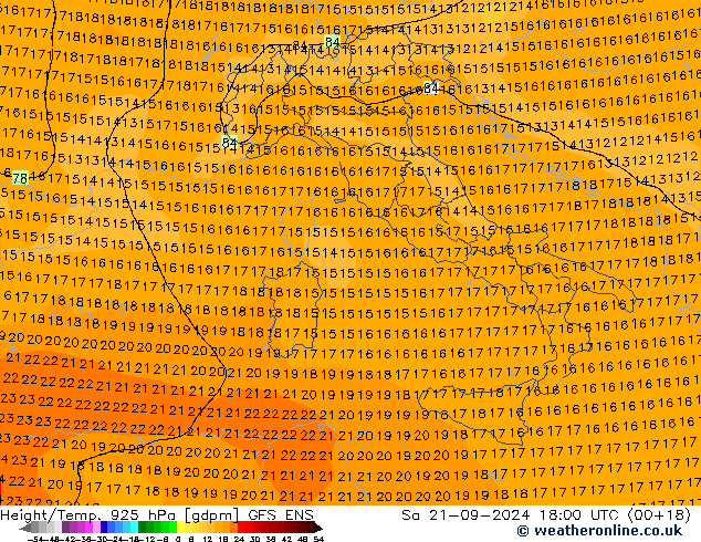 Height/Temp. 925 hPa GFS ENS Sa 21.09.2024 18 UTC