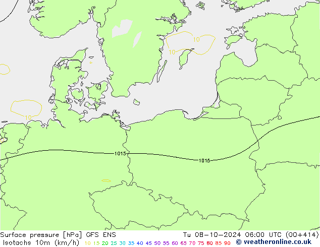 Izotacha (km/godz) GFS ENS wto. 08.10.2024 06 UTC