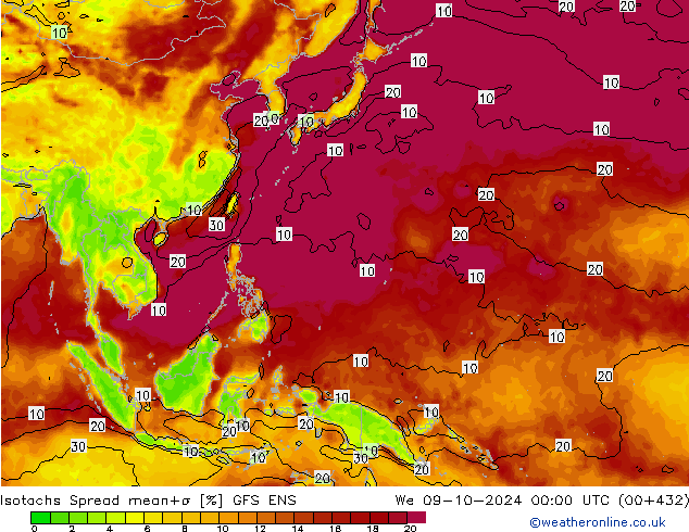 Isotachen Spread GFS ENS wo 09.10.2024 00 UTC