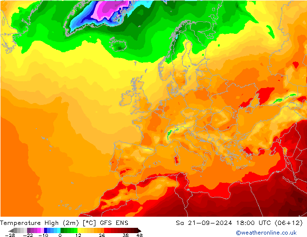 Temperature High (2m) GFS ENS 星期六 21.09.2024 18 UTC