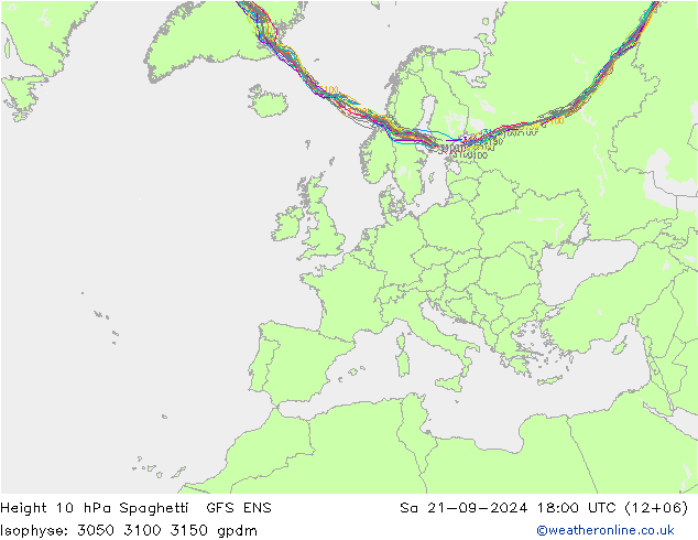 Height 10 hPa Spaghetti GFS ENS 星期六 21.09.2024 18 UTC