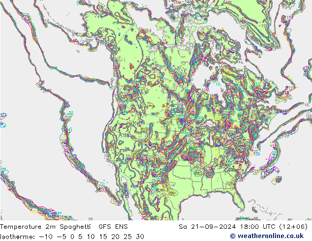 Temperature 2m Spaghetti GFS ENS So 21.09.2024 18 UTC