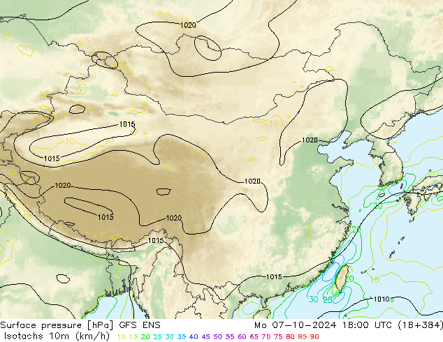 Isotachs (kph) GFS ENS Mo 07.10.2024 18 UTC