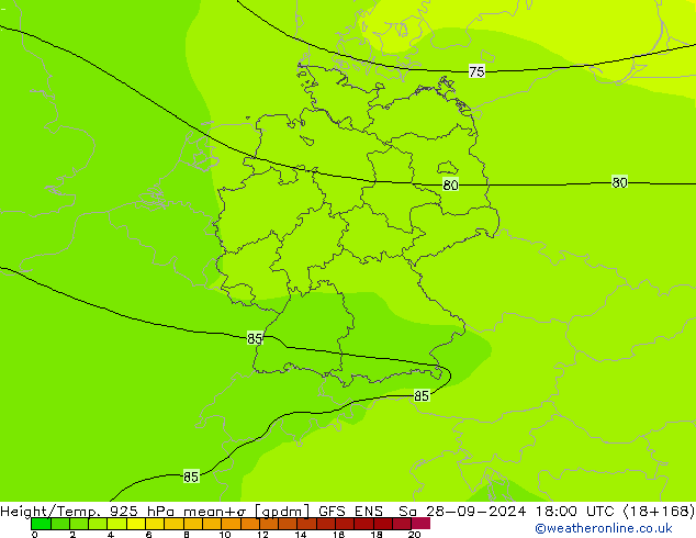 Height/Temp. 925 hPa GFS ENS Sa 28.09.2024 18 UTC