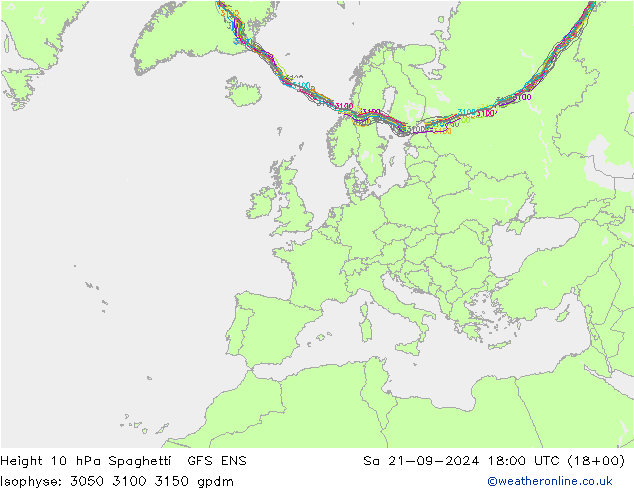 Hoogte 10 hPa Spaghetti GFS ENS za 21.09.2024 18 UTC