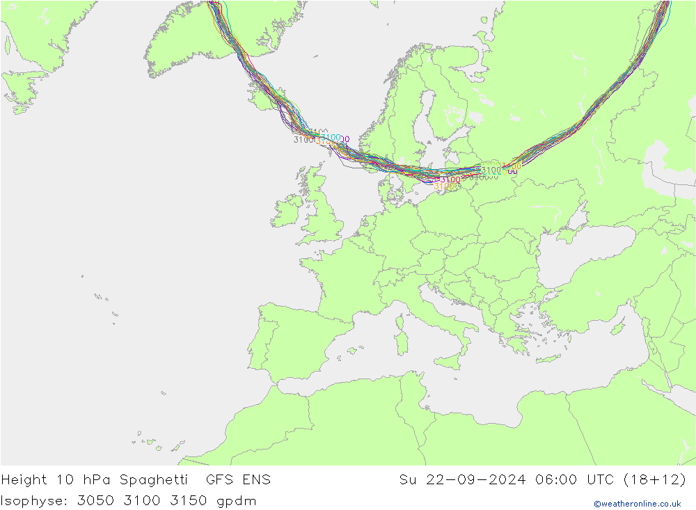 Hoogte 10 hPa Spaghetti GFS ENS zo 22.09.2024 06 UTC