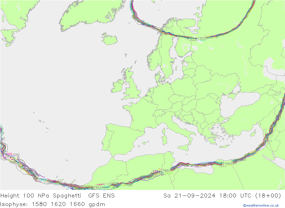 Height 100 hPa Spaghetti GFS ENS 星期六 21.09.2024 18 UTC