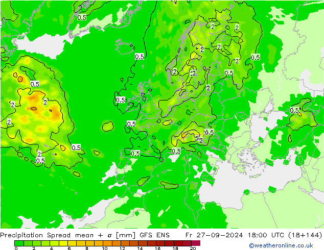 Neerslag Spread GFS ENS vr 27.09.2024 18 UTC