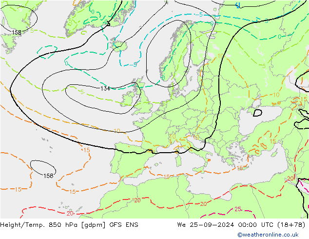 Hoogte/Temp. 850 hPa GFS ENS wo 25.09.2024 00 UTC