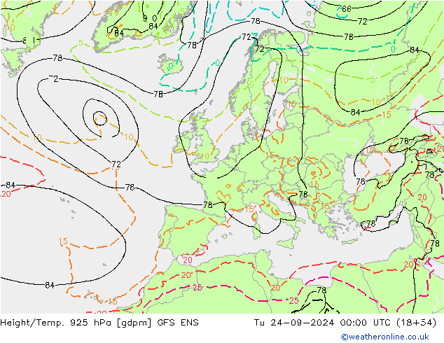 Height/Temp. 925 hPa GFS ENS Tu 24.09.2024 00 UTC