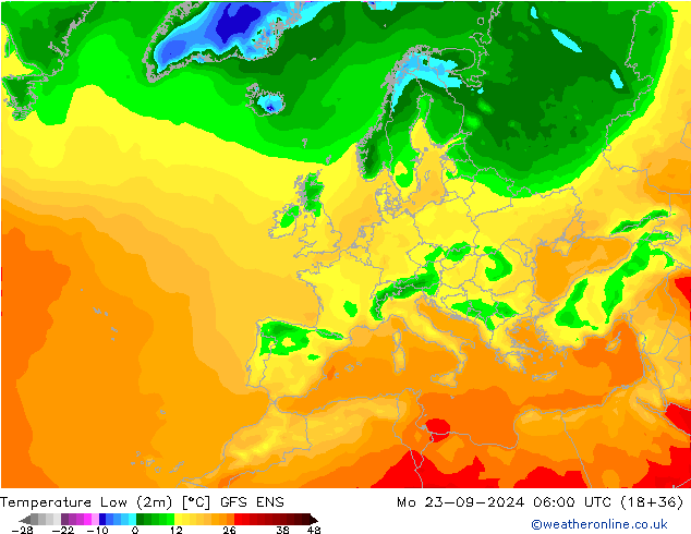 Nejnižší teplota (2m) GFS ENS Po 23.09.2024 06 UTC