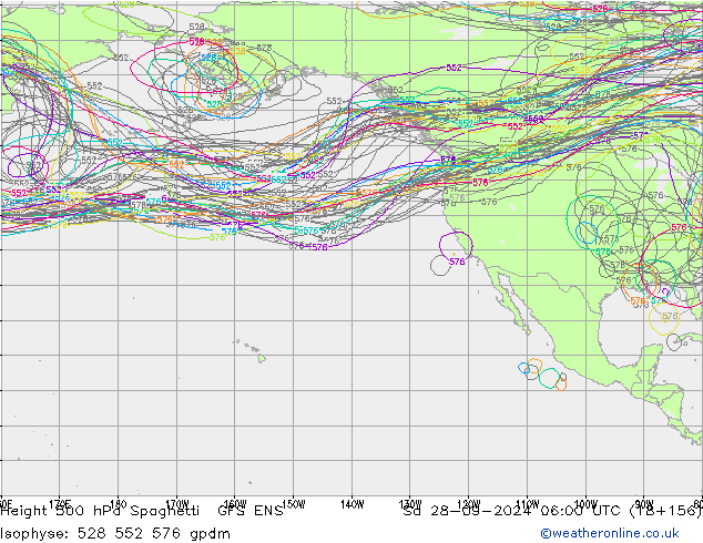 Height 500 hPa Spaghetti GFS ENS So 28.09.2024 06 UTC