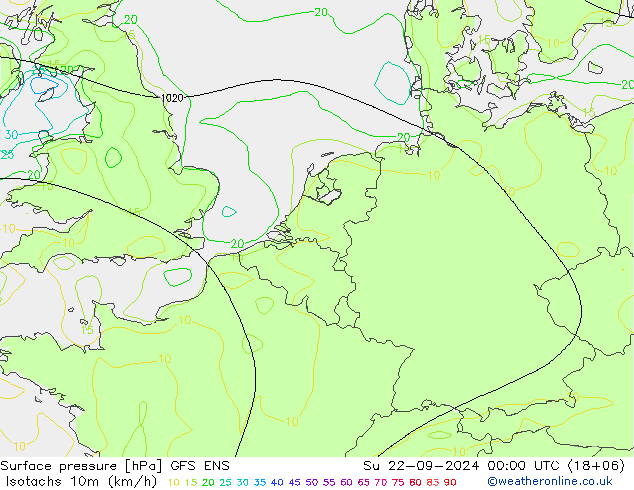 10米等风速线 (kph) GFS ENS 星期日 22.09.2024 00 UTC