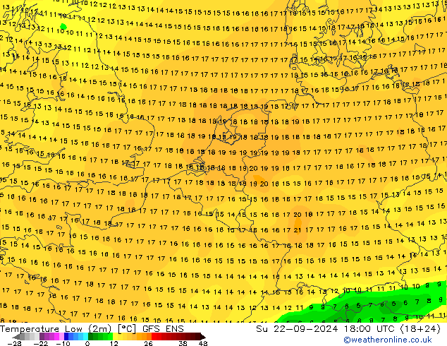 Min.temperatuur (2m) GFS ENS zo 22.09.2024 18 UTC