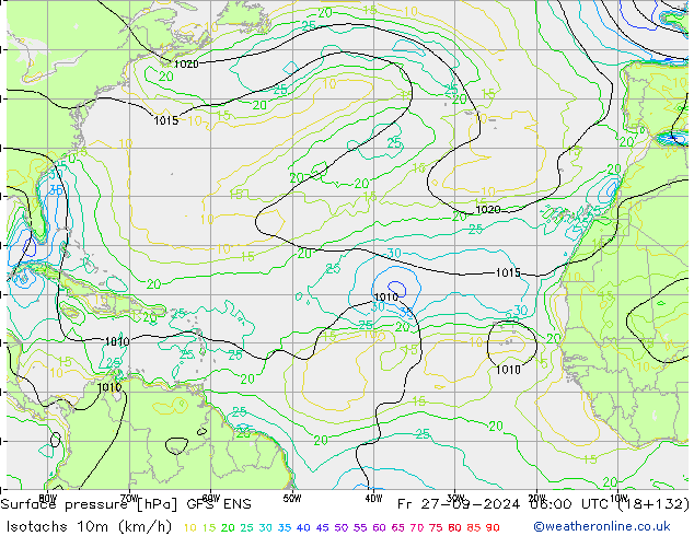 Isotachen (km/h) GFS ENS Fr 27.09.2024 06 UTC