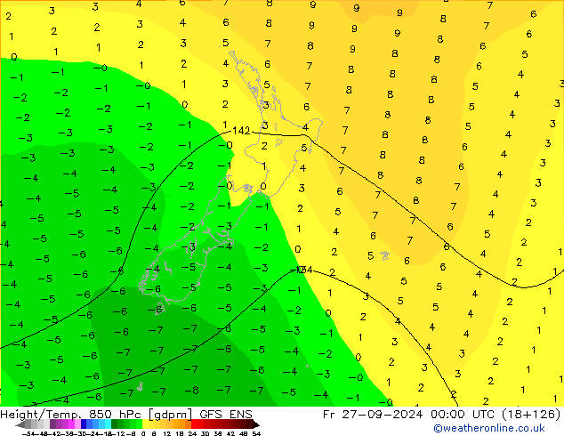 Hoogte/Temp. 850 hPa GFS ENS vr 27.09.2024 00 UTC