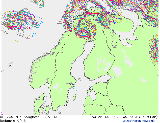 RH 700 hPa Spaghetti GFS ENS dom 22.09.2024 00 UTC