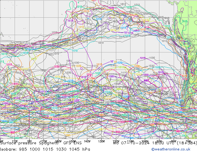 Surface pressure Spaghetti GFS ENS Mo 07.10.2024 18 UTC