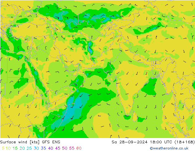 Vento 10 m GFS ENS sab 28.09.2024 18 UTC