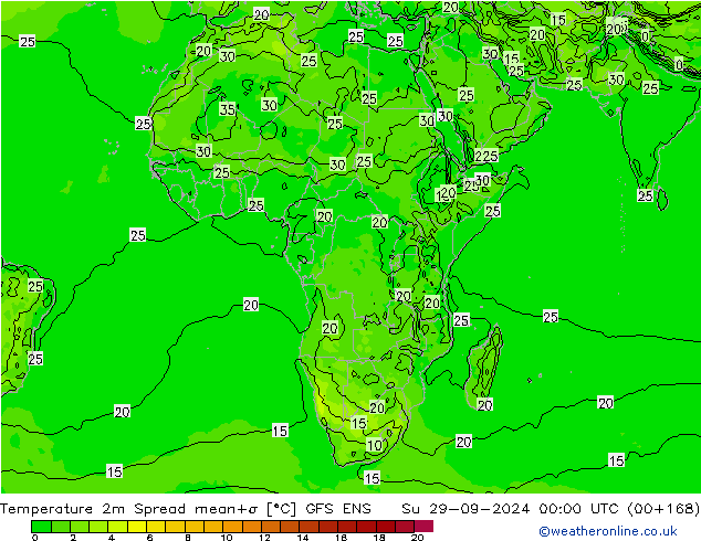 Temperatuurkaart Spread GFS ENS zo 29.09.2024 00 UTC