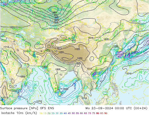 Eşrüzgar Hızları (km/sa) GFS ENS Pzt 23.09.2024 00 UTC