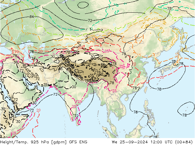 Height/Temp. 925 hPa GFS ENS mer 25.09.2024 12 UTC