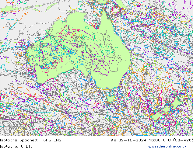 Isotachs Spaghetti GFS ENS mer 09.10.2024 18 UTC