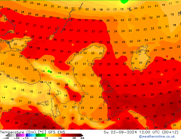 Temperature (2m) GFS ENS Su 22.09.2024 12 UTC