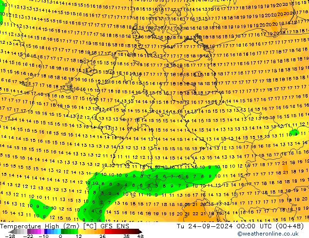 Nejvyšší teplota (2m) GFS ENS Út 24.09.2024 00 UTC