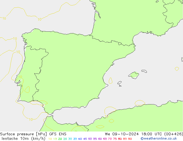 Isotachs (kph) GFS ENS We 09.10.2024 18 UTC