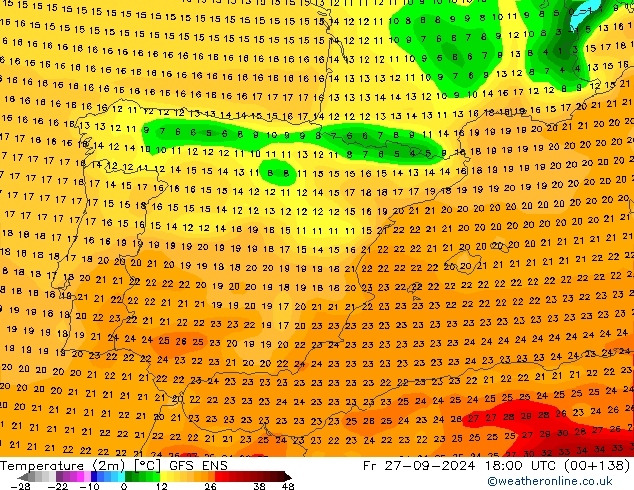 Temperatuurkaart (2m) GFS ENS vr 27.09.2024 18 UTC