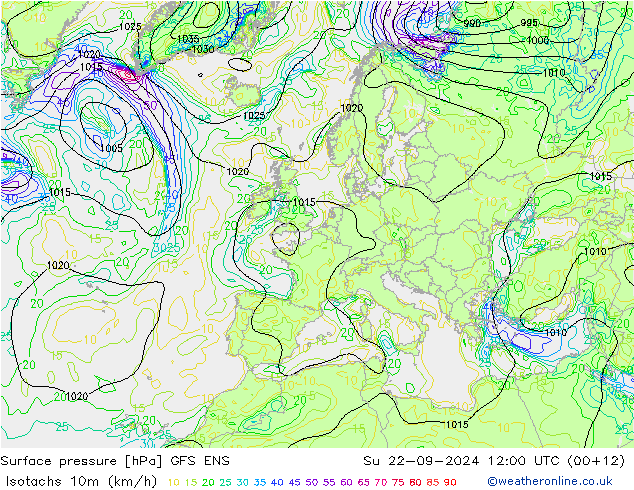 Isotachs (kph) GFS ENS Su 22.09.2024 12 UTC