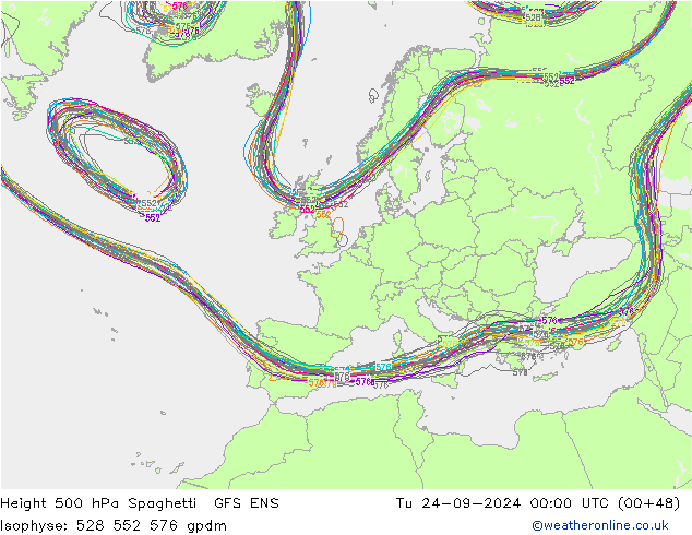 Height 500 hPa Spaghetti GFS ENS Di 24.09.2024 00 UTC