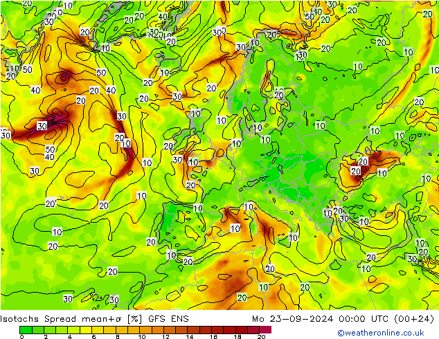 Isotachs Spread GFS ENS 星期一 23.09.2024 00 UTC