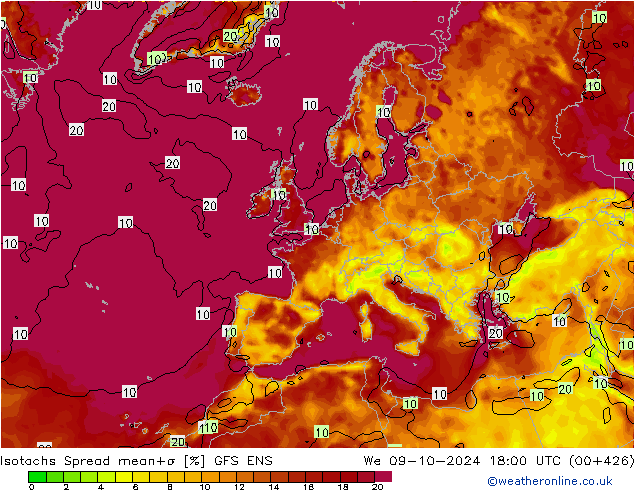 Isotachs Spread GFS ENS mer 09.10.2024 18 UTC