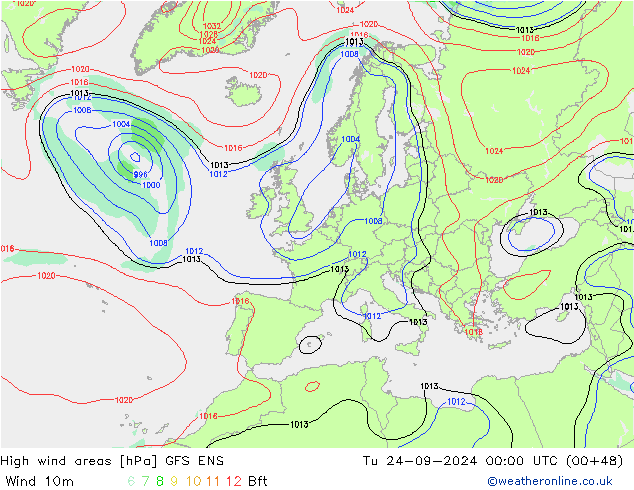 High wind areas GFS ENS Út 24.09.2024 00 UTC